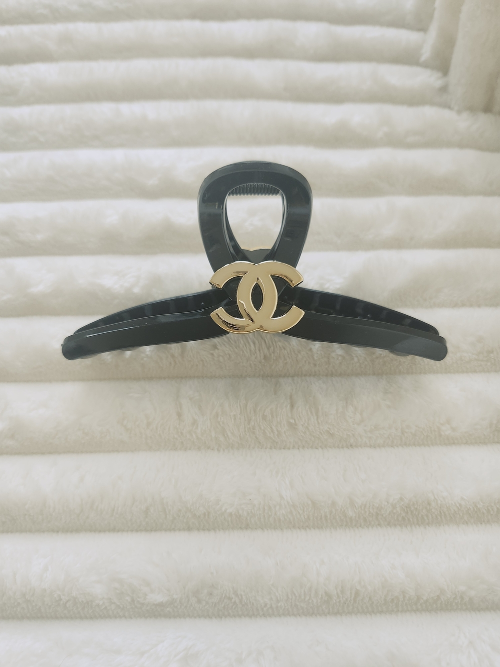 Gold Tone Interlocking C Logo Black Claw Clip Hair Accessory